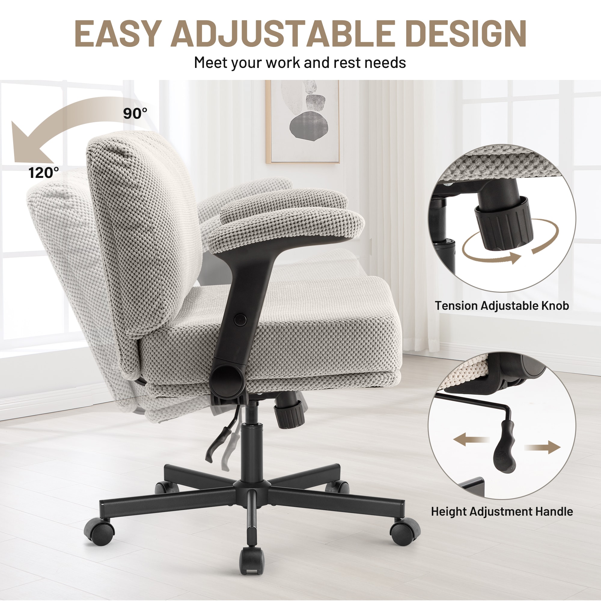 Criss Cross Chair With Wheels And Flip Arms- Comfy Fabric Cross Legged Office Chair With Thick Cushion&Wide Seat, Adjustable Swivel Desk Chair For Home Office, Apartment, Bedroom_maomaolike.com